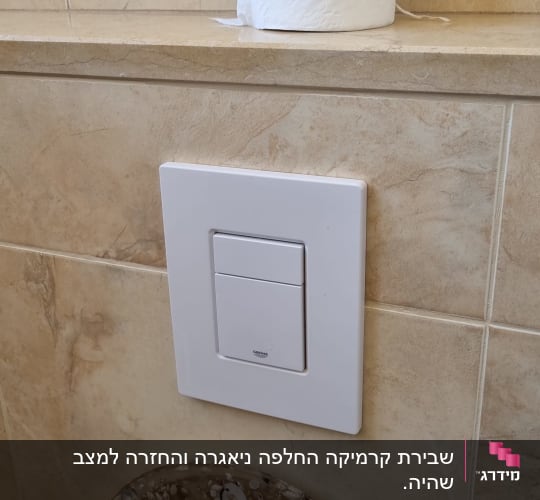 לחצן הדחה לבן על קיר אריחים